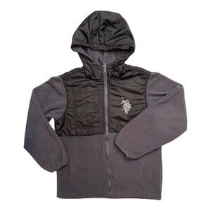 U.S. POLO ASSN. Boy's Hooded Jacket Medium Black Grey Fleece Lined Pockets *Flaw